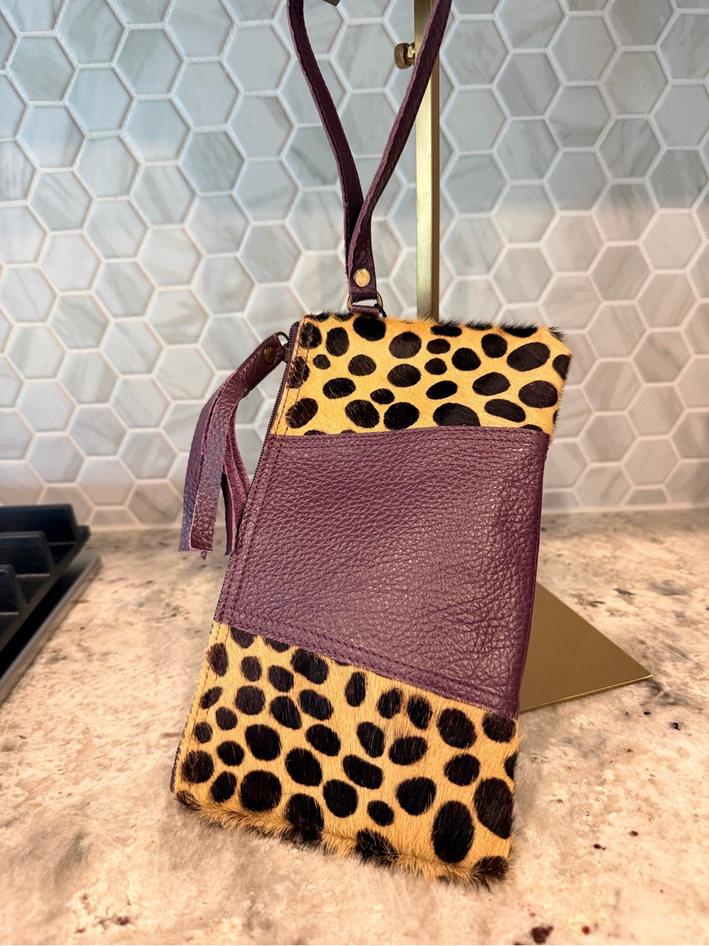Soruka Jenna Upcycled Leather Wristlet – Purple & Leopard - one of a kind!